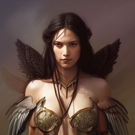 Winged Warrior Goddess Portrait in Art Nouveau Style