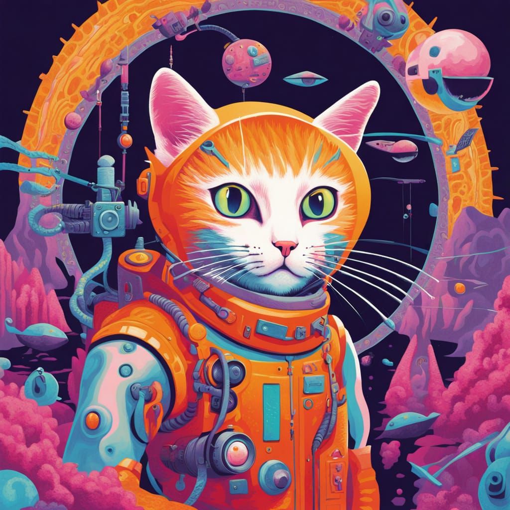 Surreal Cat Explorer in Dreamscape with Optical Contraptions