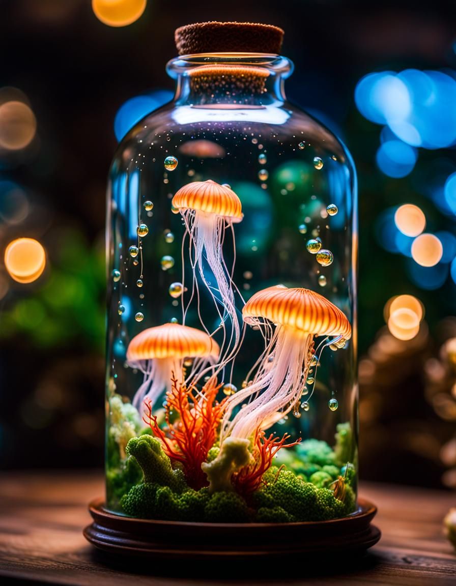 Fantasy Jellyfish Garden in Glass Bottle, Macro Photography