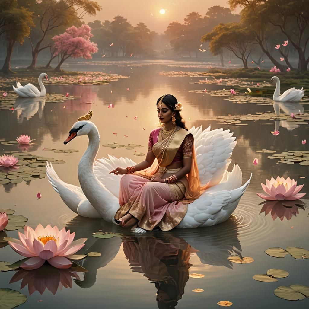 Lakshmi on Swan in Lotus Lake: Ravi Varma Style