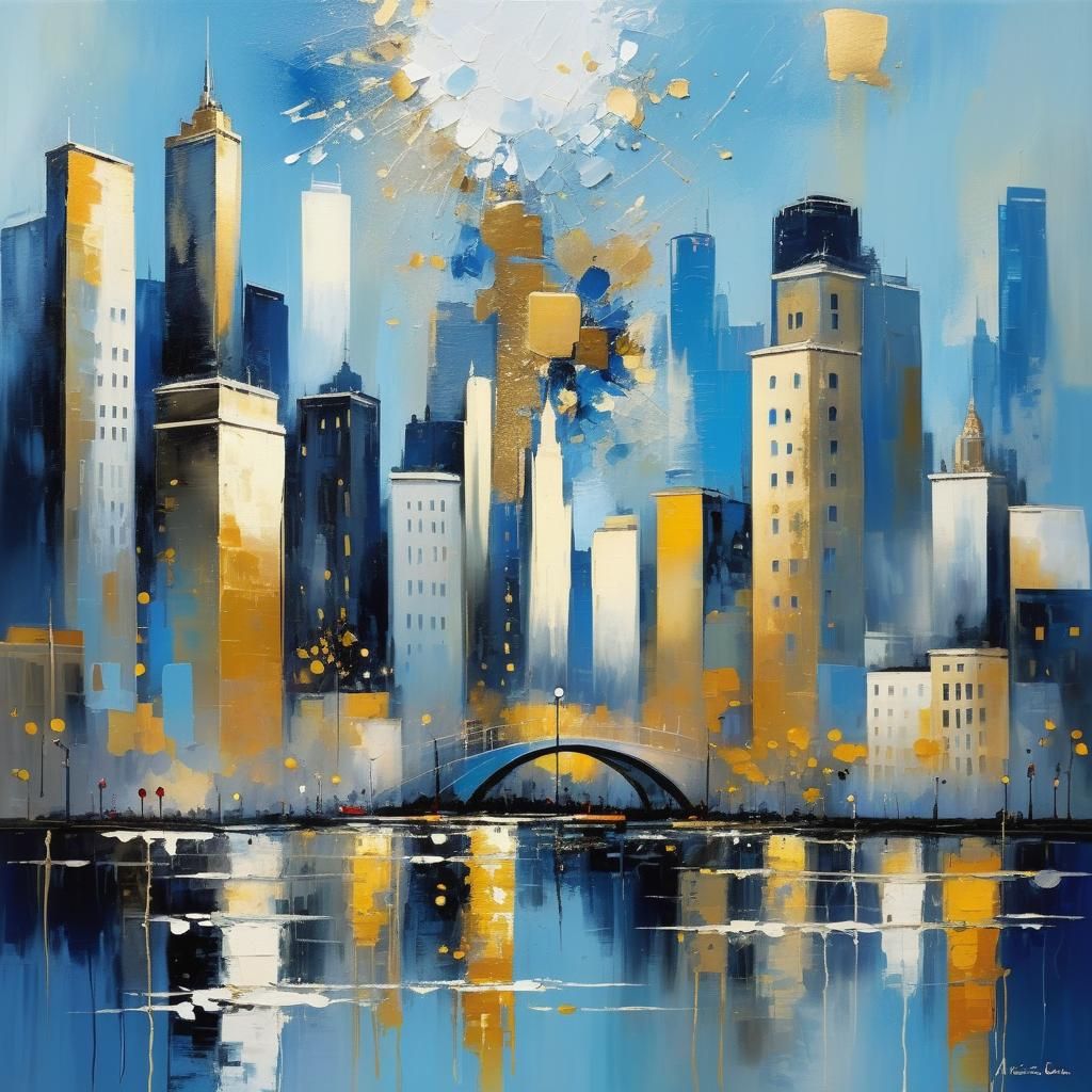 Monet-Inspired Cityscape with Gold Splashes