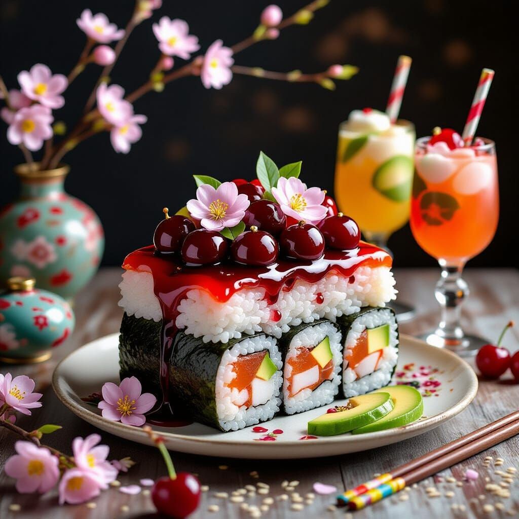 Sushi Crab Black Forest Cake in Digital Art Style
