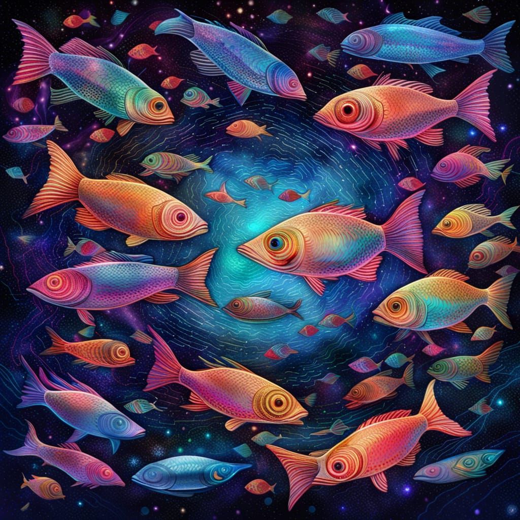 Holographic School of Fish in Astral Illustration