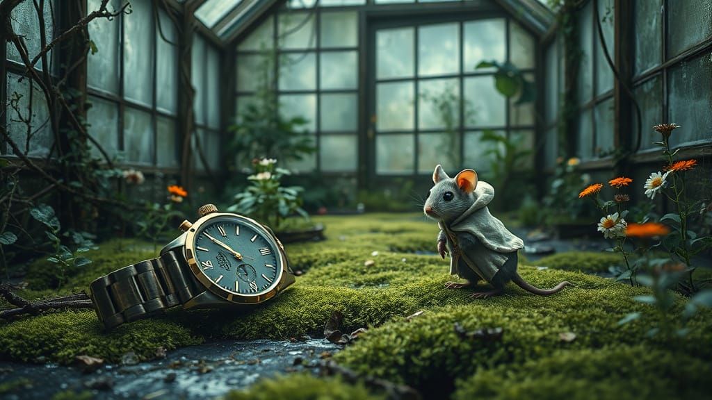 Mouse and Watch in Overgrown Greenhouse, Painterly Realism
