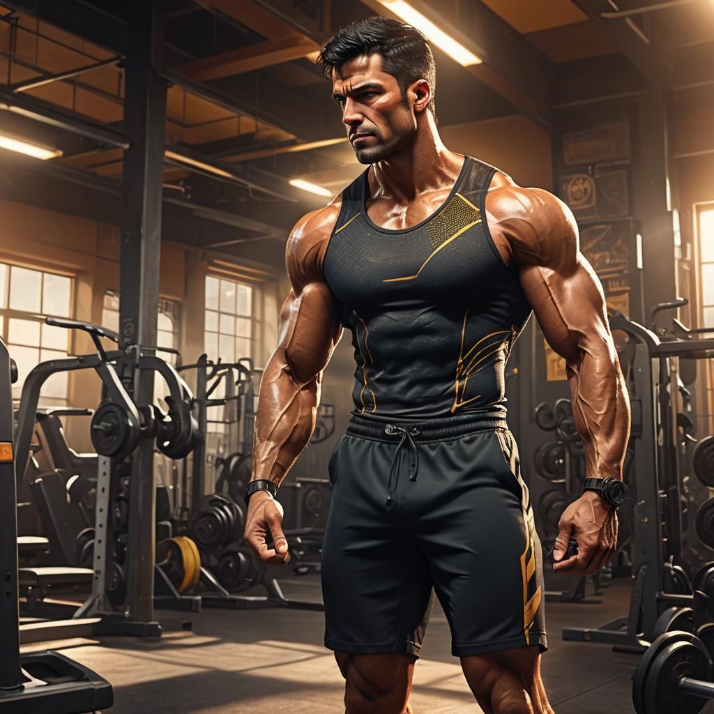 Muscular Man in Gym: Photorealistic Digital Rendering