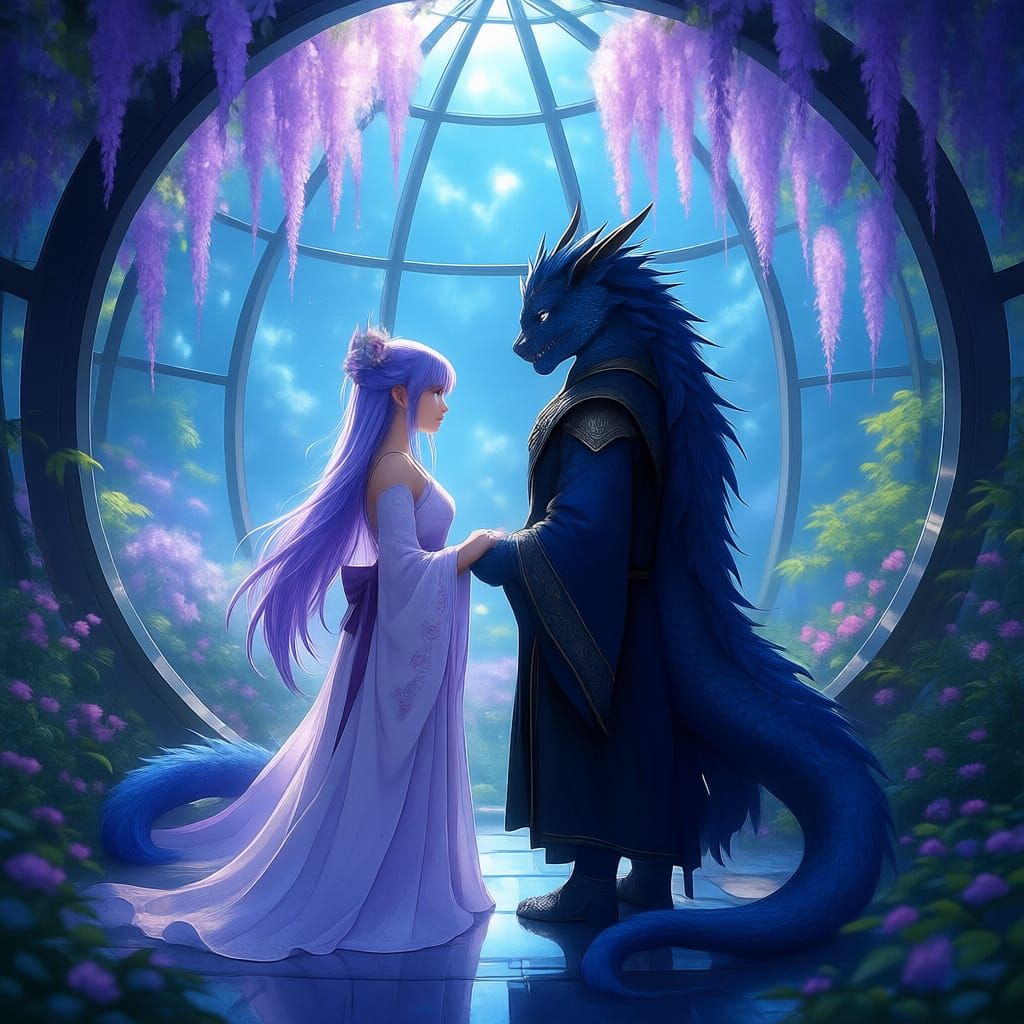 Kitsune and Dragon Lovers in Bioluminescent Garden