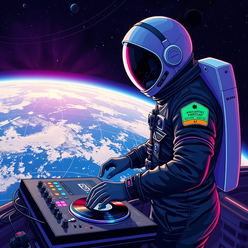 Astronaut DJ Spinning Records in Space, Cosmic Illustration