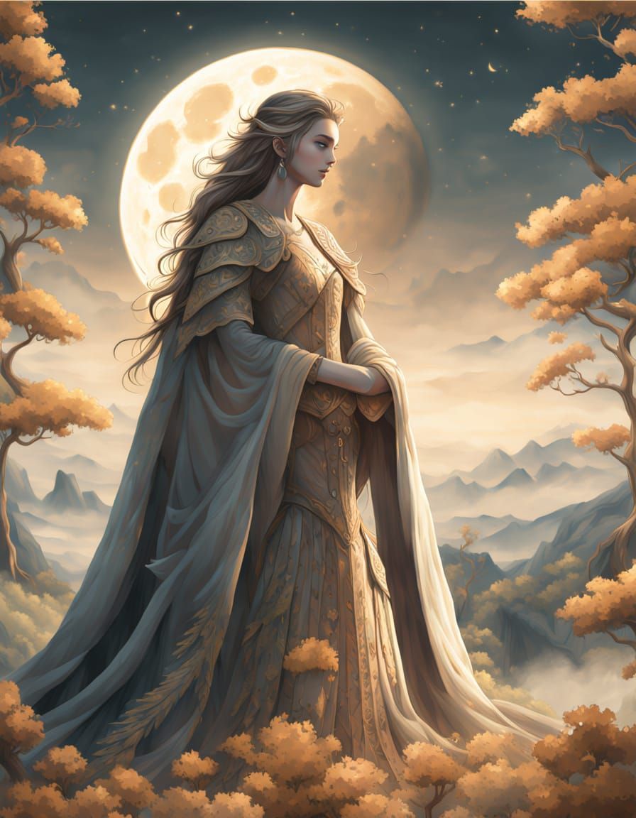 Ethereal Figure Backlit by Moon in Digital Painting