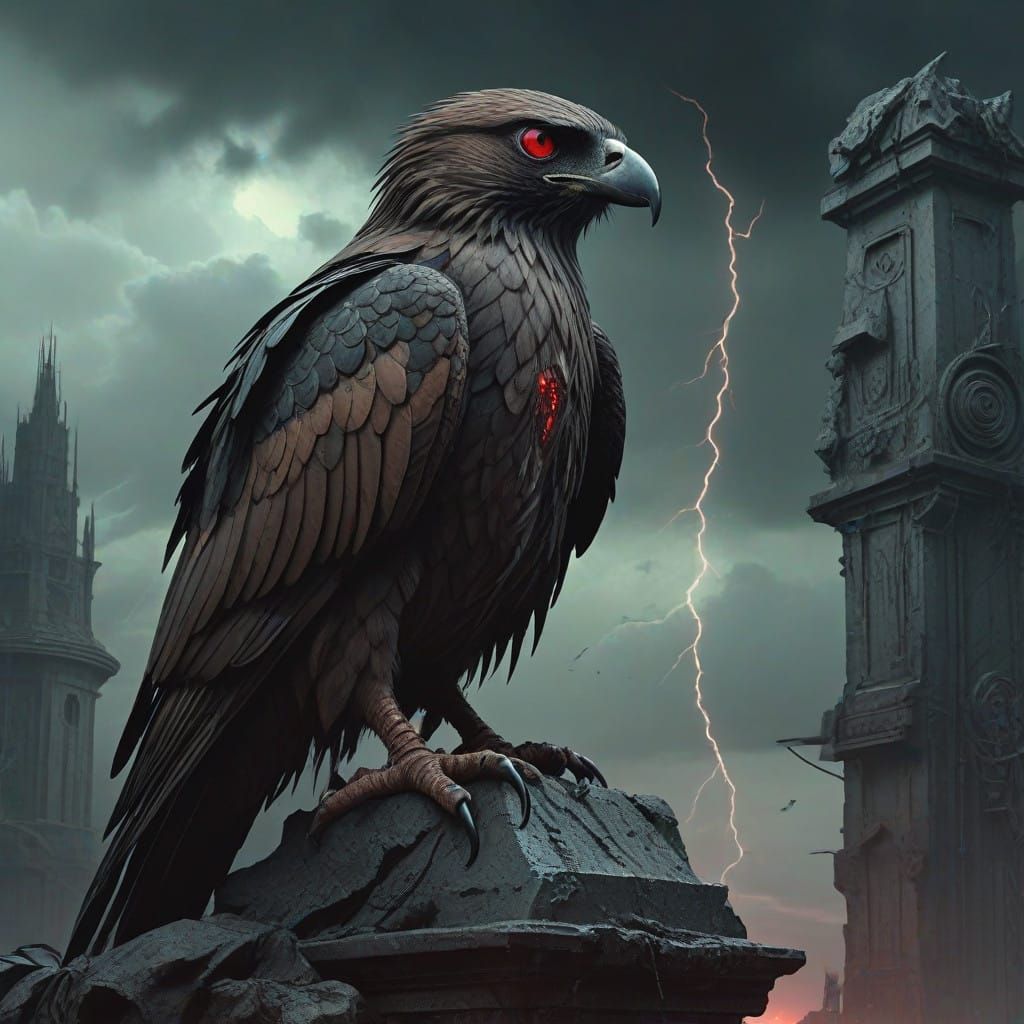 Dark Cyberpunk Hawk Perched on Ancient Ruins