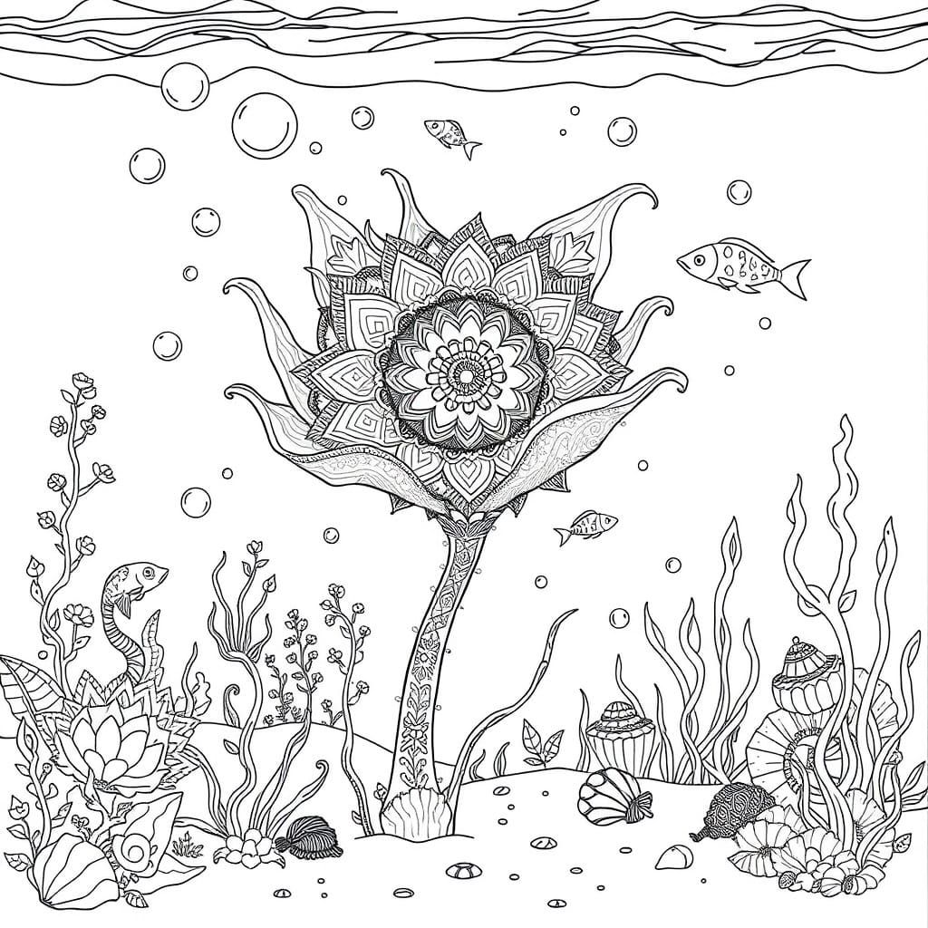 Whimsical Underwater Scene in Black and White Line Drawing
