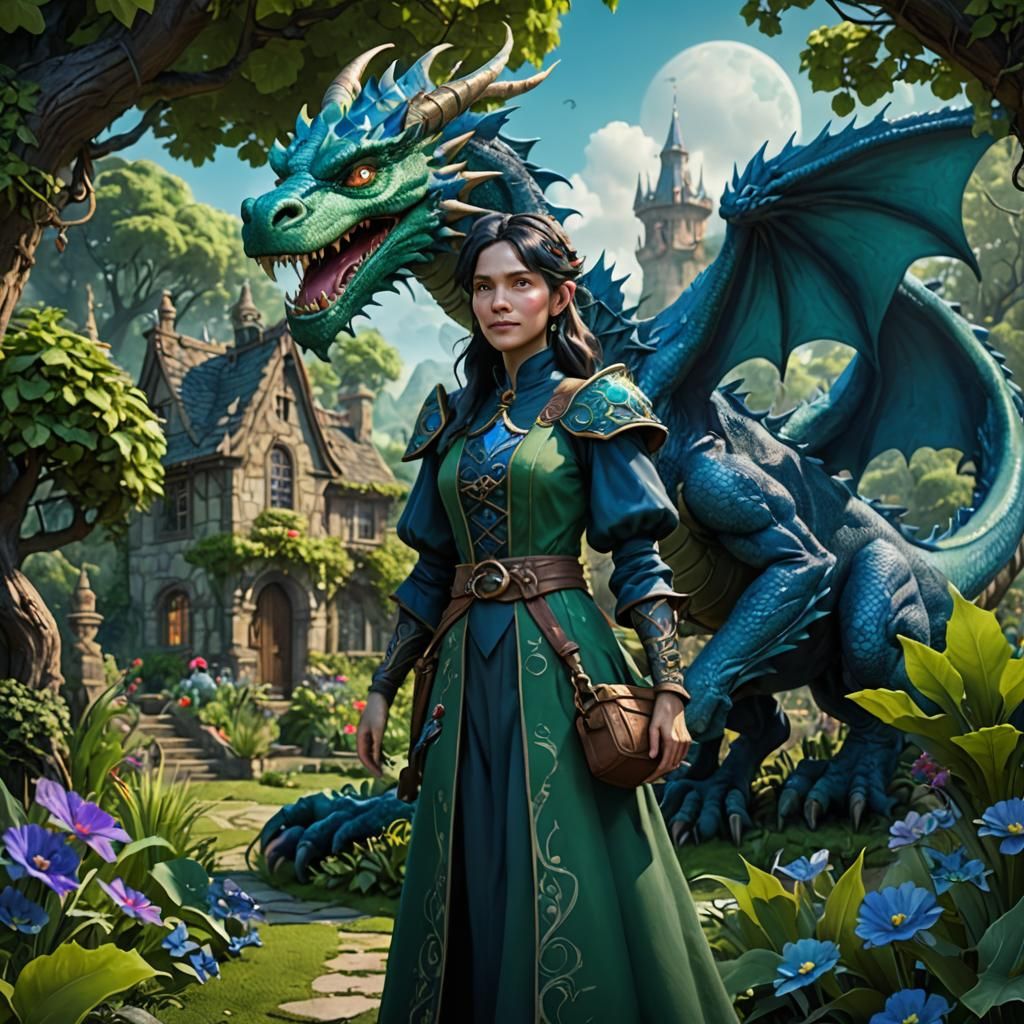 Green Witch and Blue Dragon Garden Fantasy