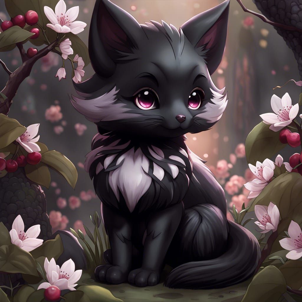 Charming Chibi Black Kitsune in Cherry Garden