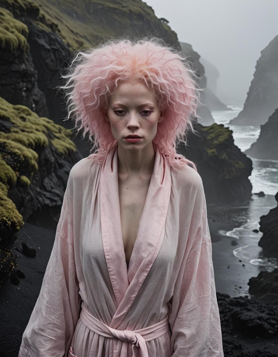 Albino Woman with Pink Afro in Fog