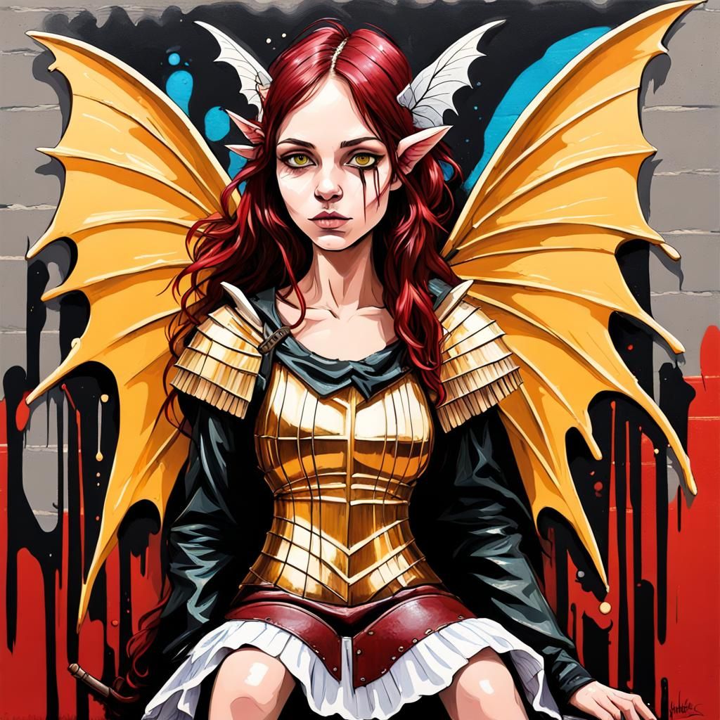 Fairy Bard with Bat-Butterfly Wings in Graffiti Art