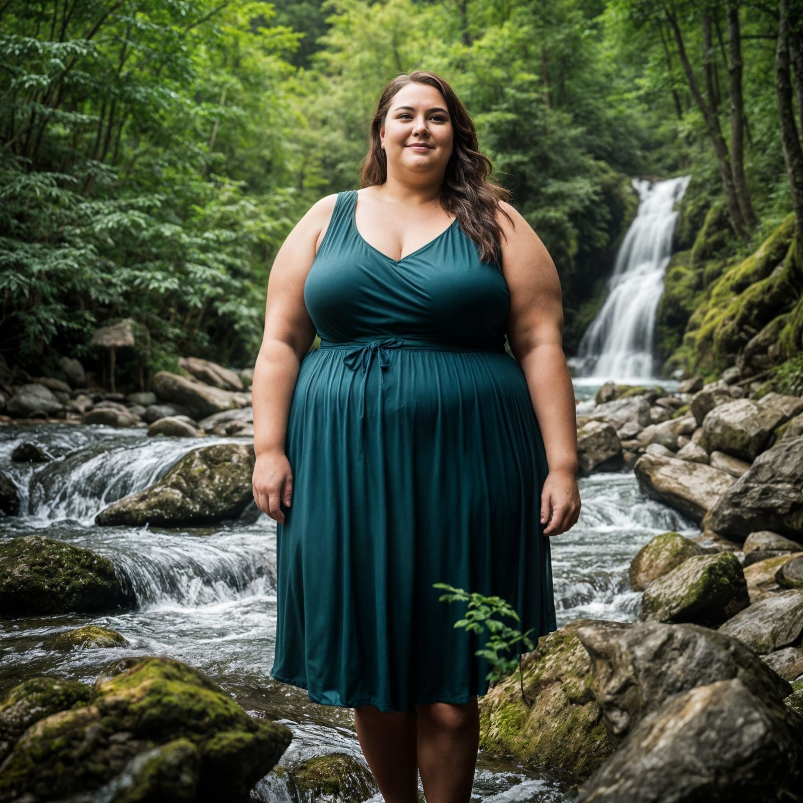 Gentle BBW Woman in Serene Forest Landscape