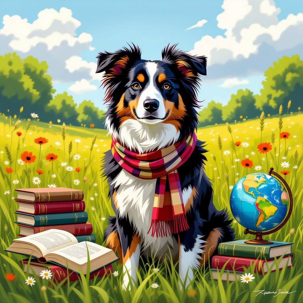 Intelligent Border Collie in Meadow, Digital Painting