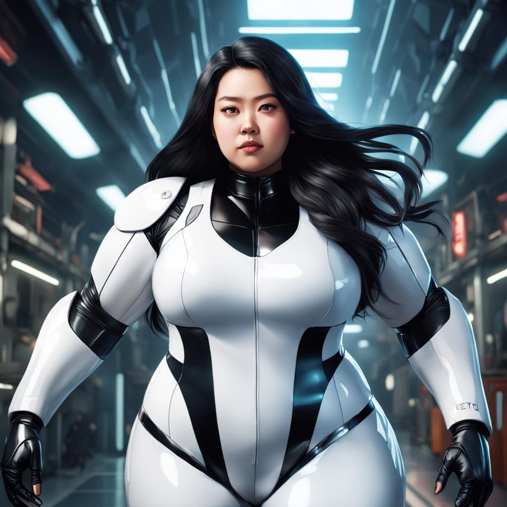 A Futuristic Plus-Sized Female Scientist in a Hi-Tech Enviro...