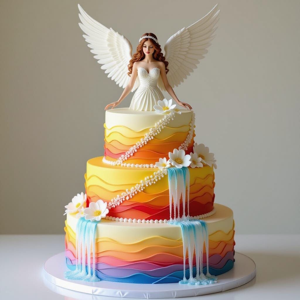 Majestic Angel Topped Sunset Cake with Waterfalls