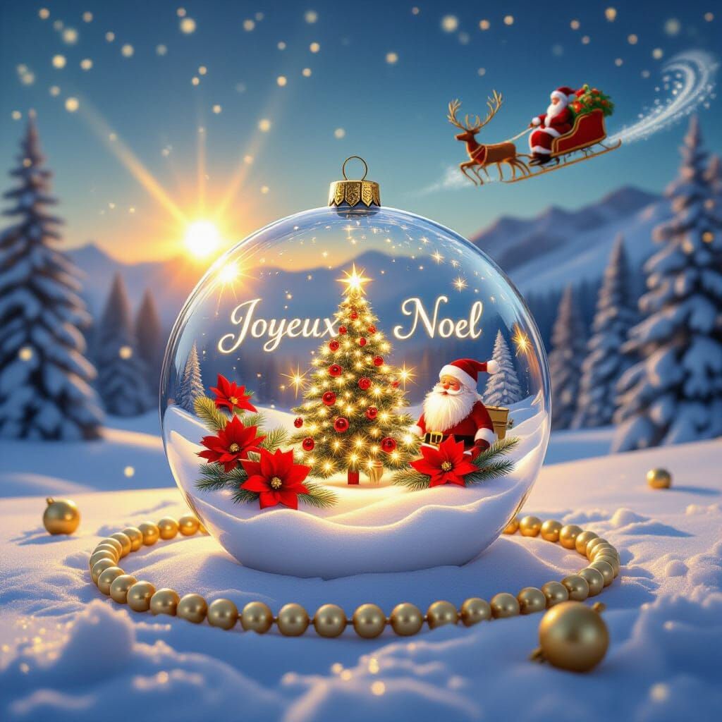 Magical Snowy Landscape with Festive Sphere and Santa