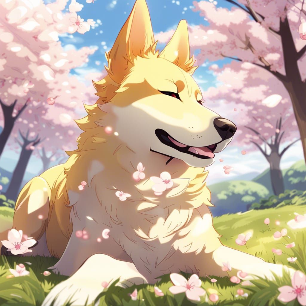 Dog in Cherry Blossom Meadow, Anime Style