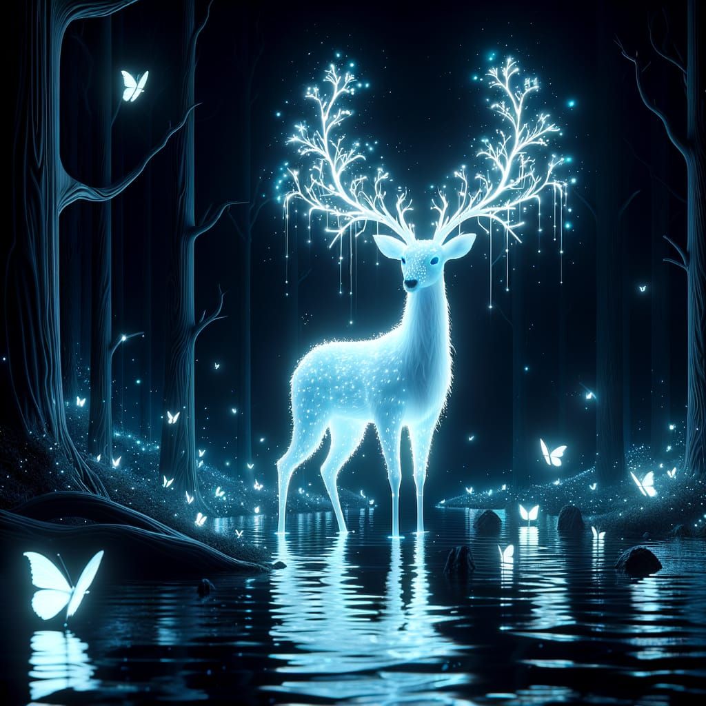 Bioluminescent Deer in Enchanted Forest, 3D Digital Art