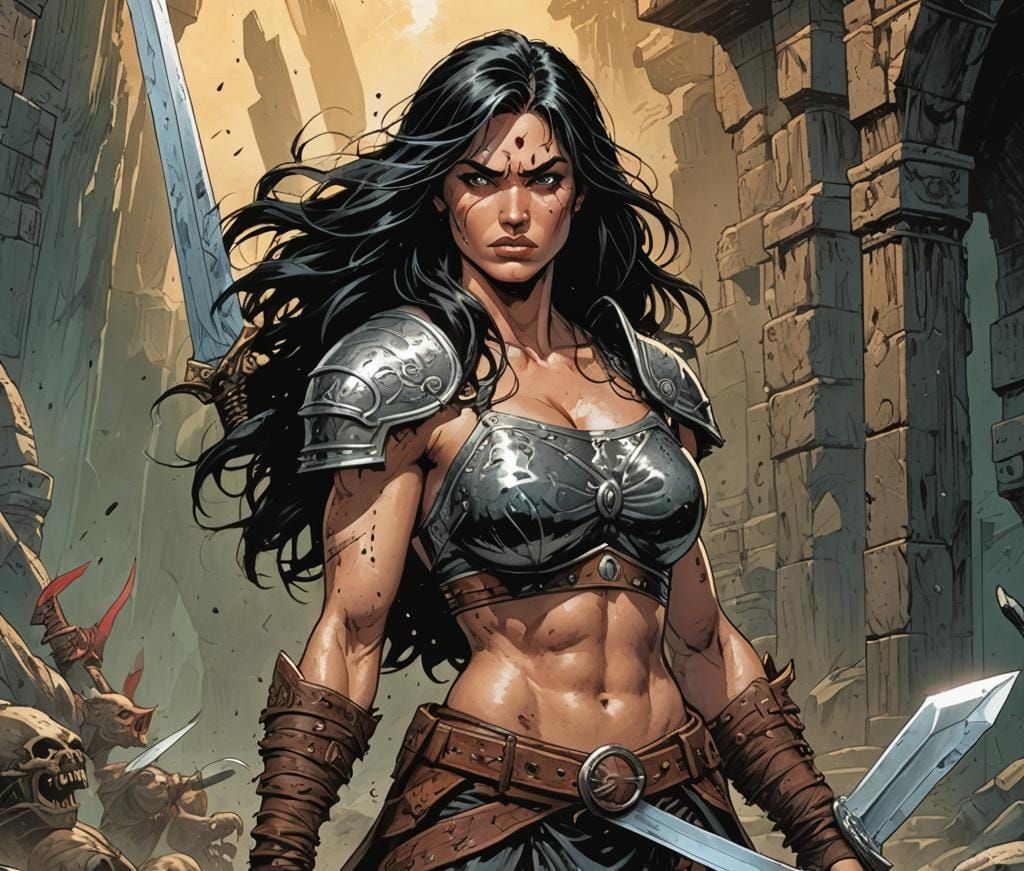 Female Barbarian with Giant Sword in Comic Style