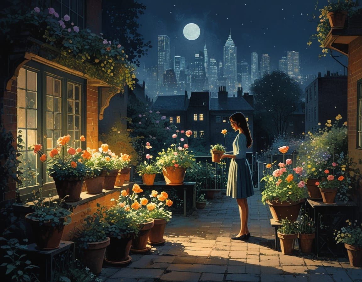 Joyful Girl Surrounded by Blooming Flowers in Urban Oasis