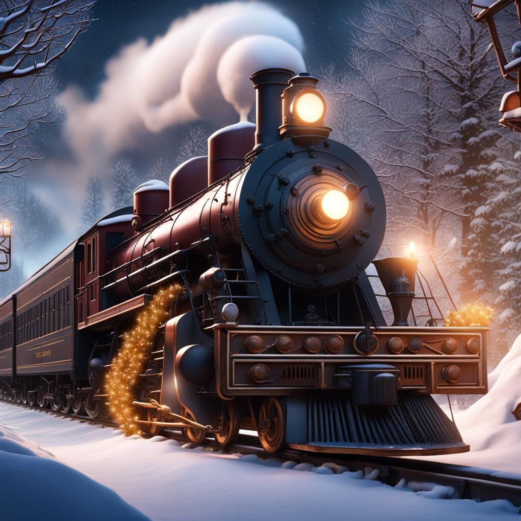 Christmas Train on Snowy Track in Detailed Painting