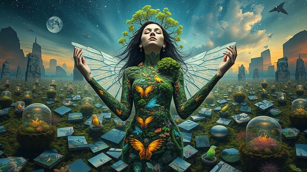 Dreamlike Bio-Art Goddess in Ecosystem Landscape