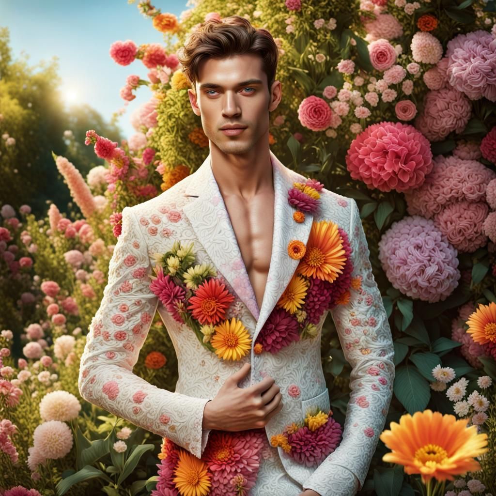 Man in Floral Couture in Lush Garden, Digital Art