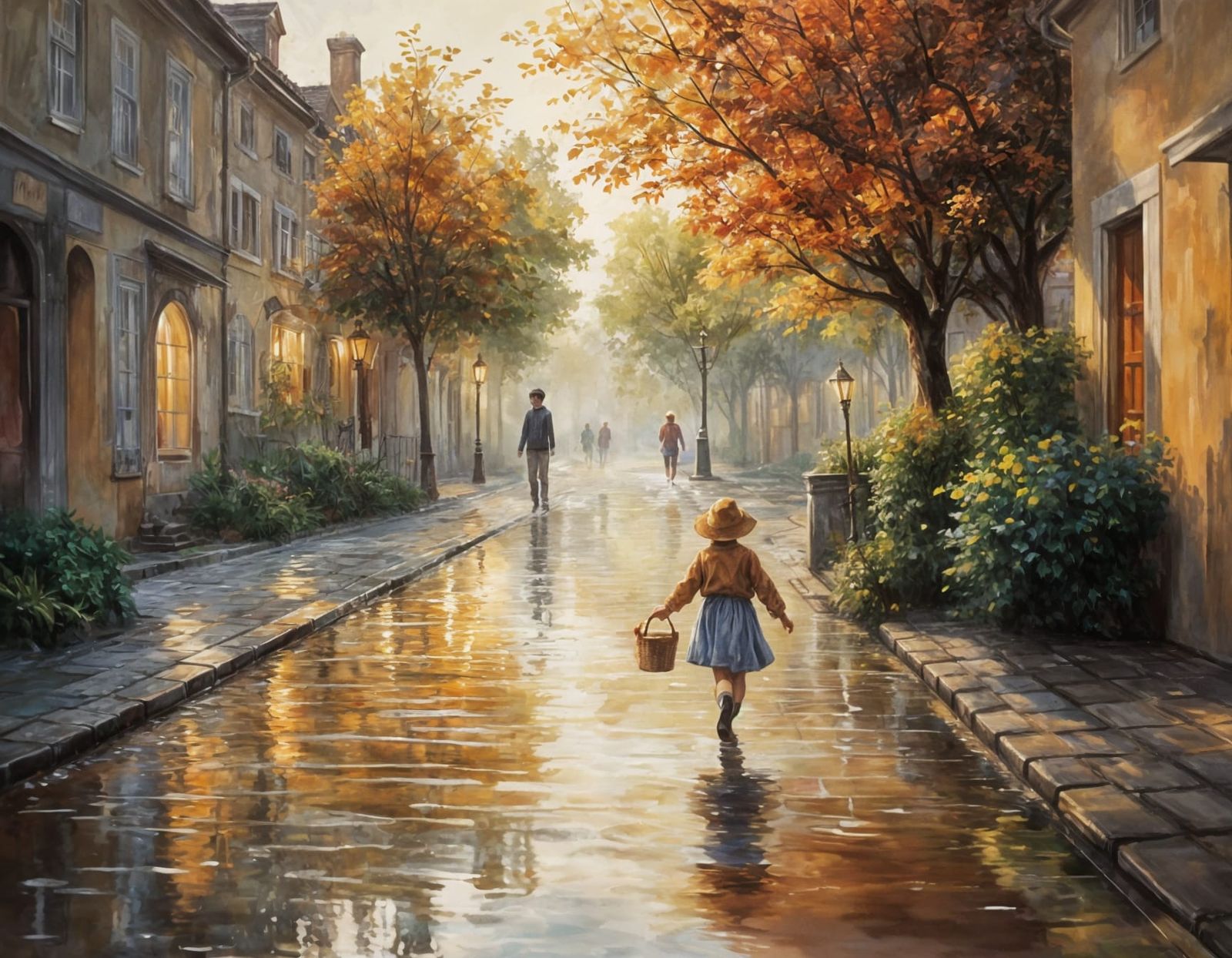 Painted Summer Rain Scene with Child