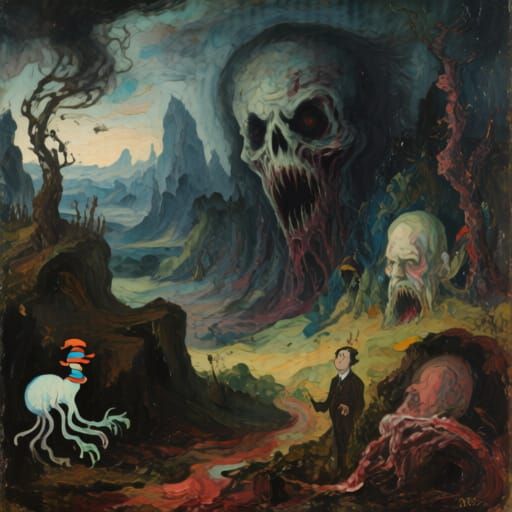 Nightmarish Surreal Landscape in Textured Gouache and Waterc...