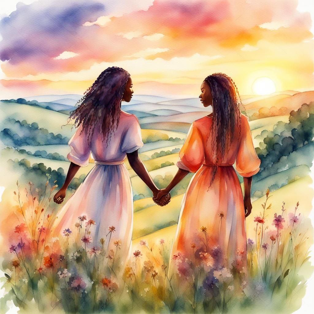 Lovers Holding Hands in Summer Meadow
