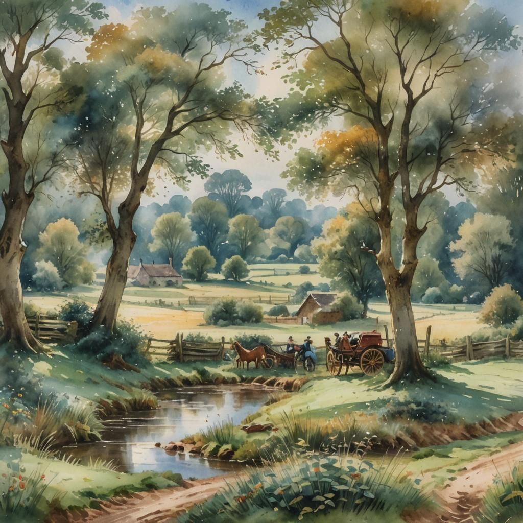 Haywain Landscape in Watercolour Style