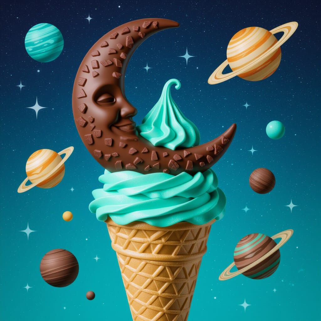 Cosmic Ice Cream Cone with Chocolate Planets
