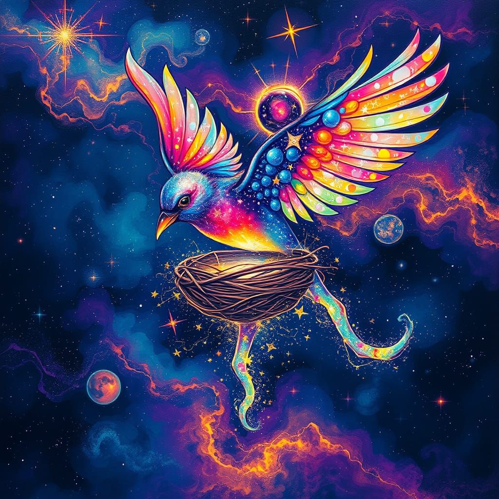 Celestial Bird Builds Shimmering Nest Among Glowing Nebulae