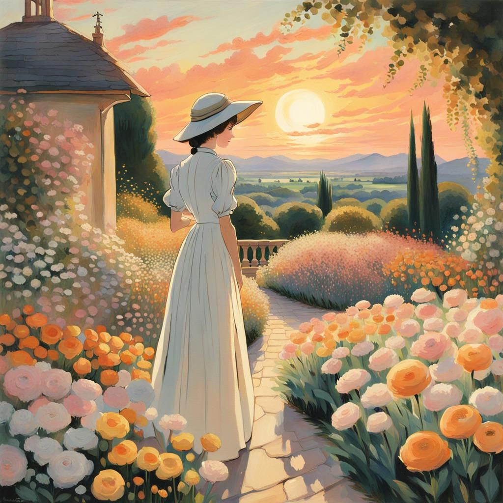 Anime-Style Woman in Garden at Sunset
