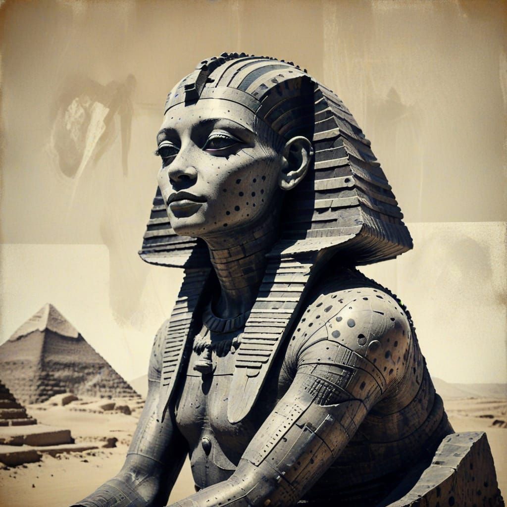 Bizarre Glitchcore Sphinx in Dystopian Egypt