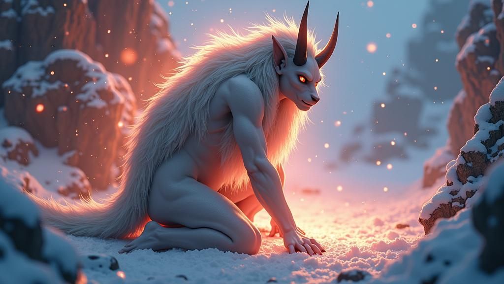 Warmth-Seeking Demon in Icy Realm: Anime 3D Art