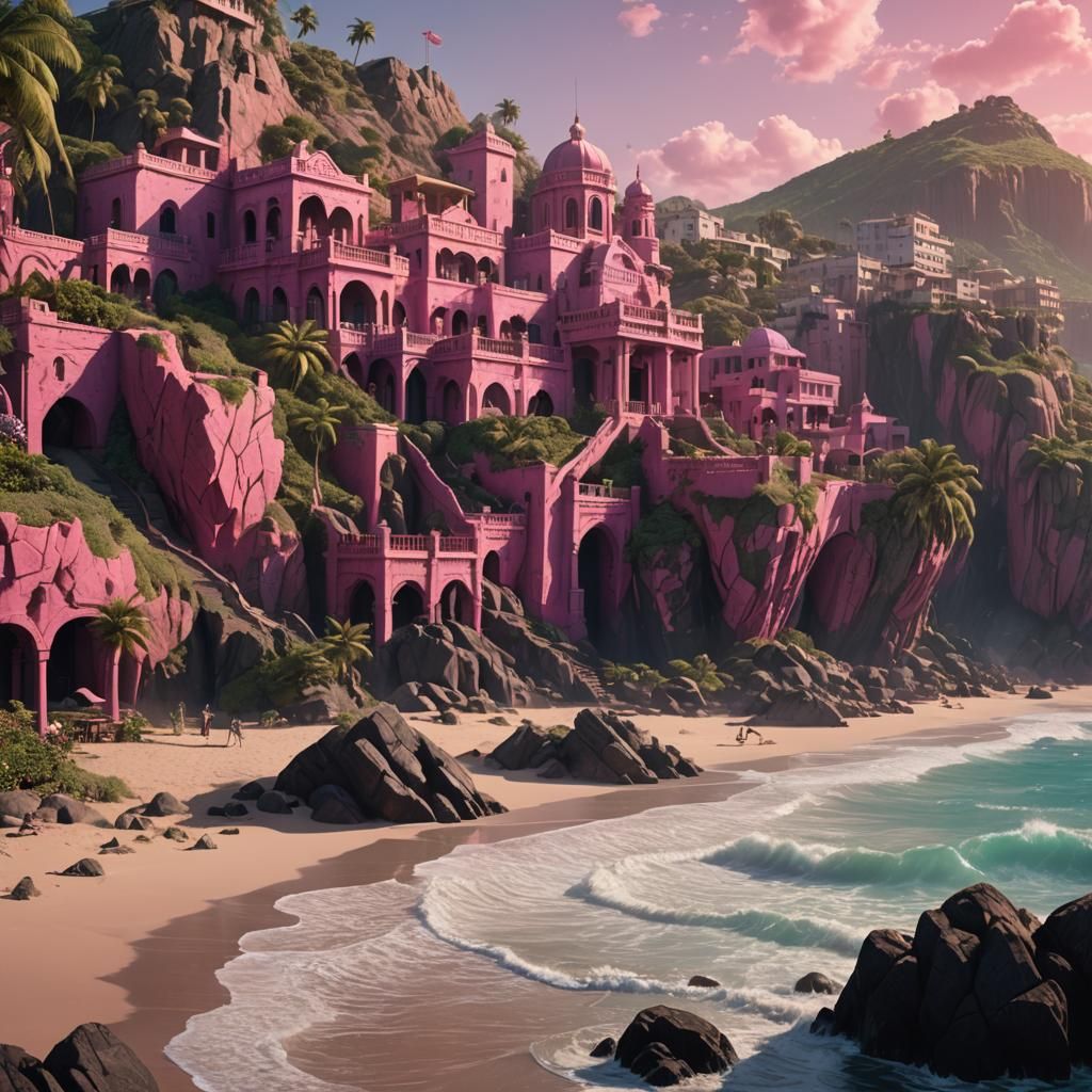 Pink Panther on Mazatlan Beach in Matte Painting Style