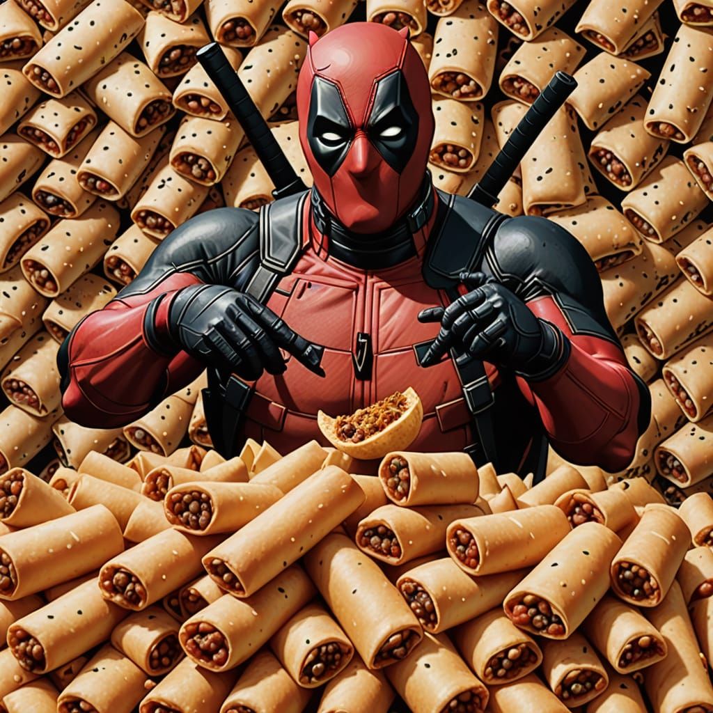 Deadpool Devours a Mountain of Chimichangas in a Vibrant Car...