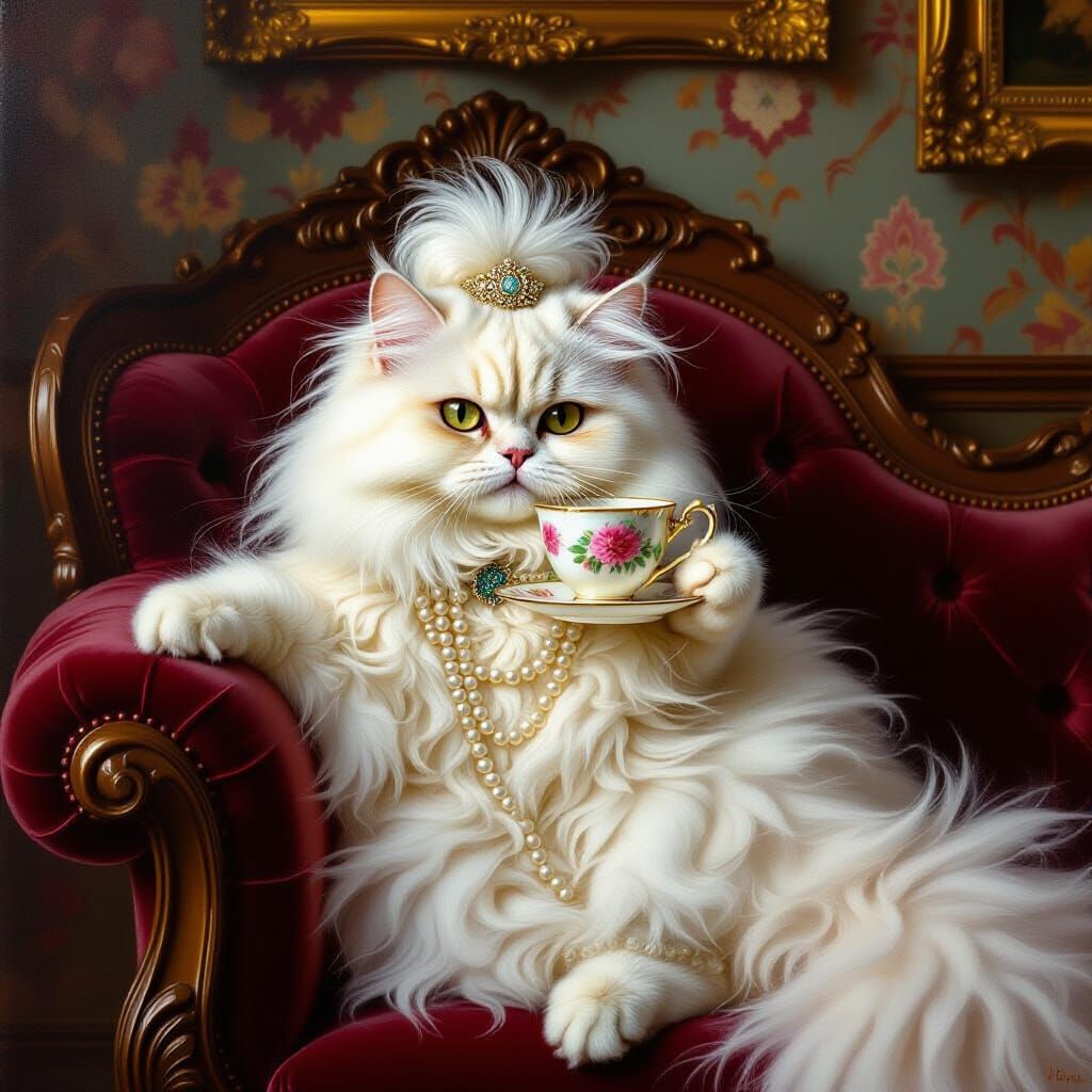 Victorian Cat Sipping Tea as Oil Painting