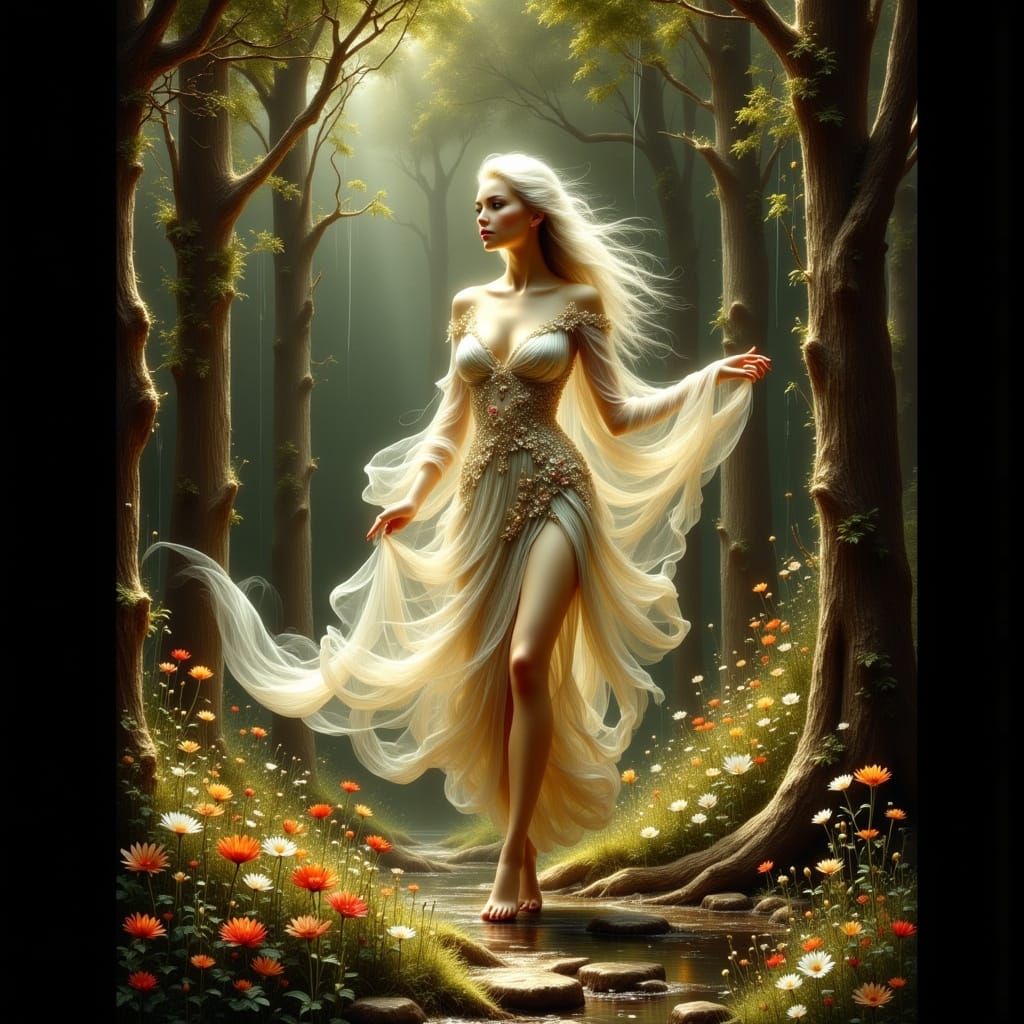 Ethereal Woman in Ancient Forest, Pre-Raphaelite Style