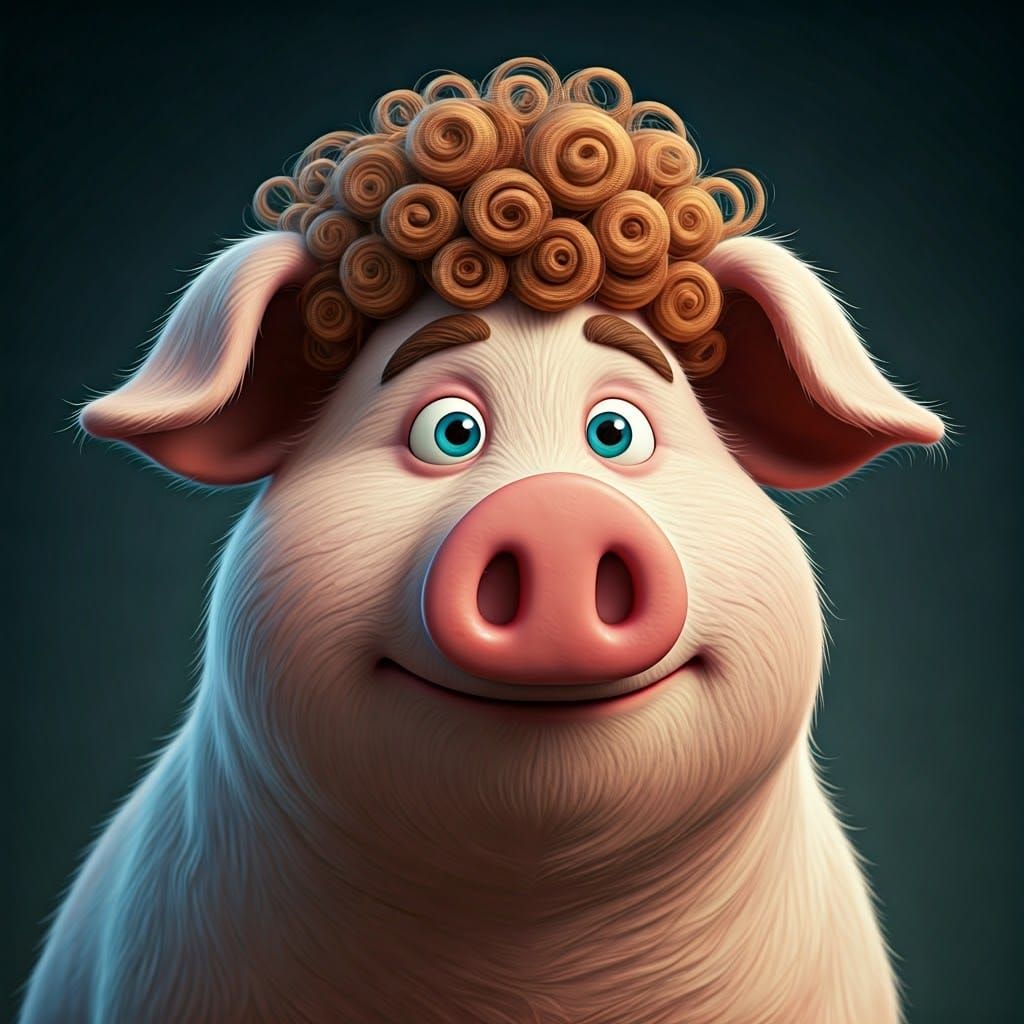 Fluffy Pig with Curly Perm in Claymation Style