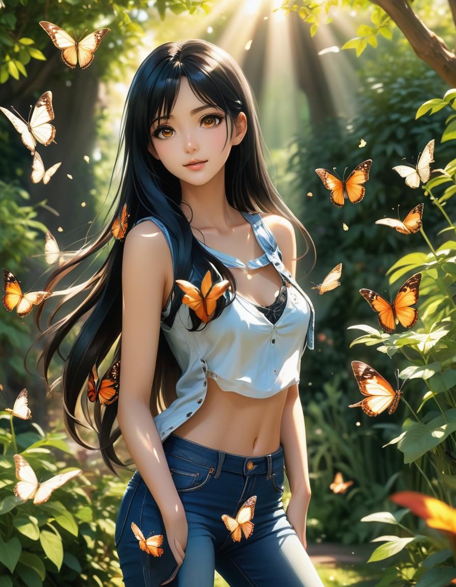 Anime Girl with Butterflies in Sunlit Garden