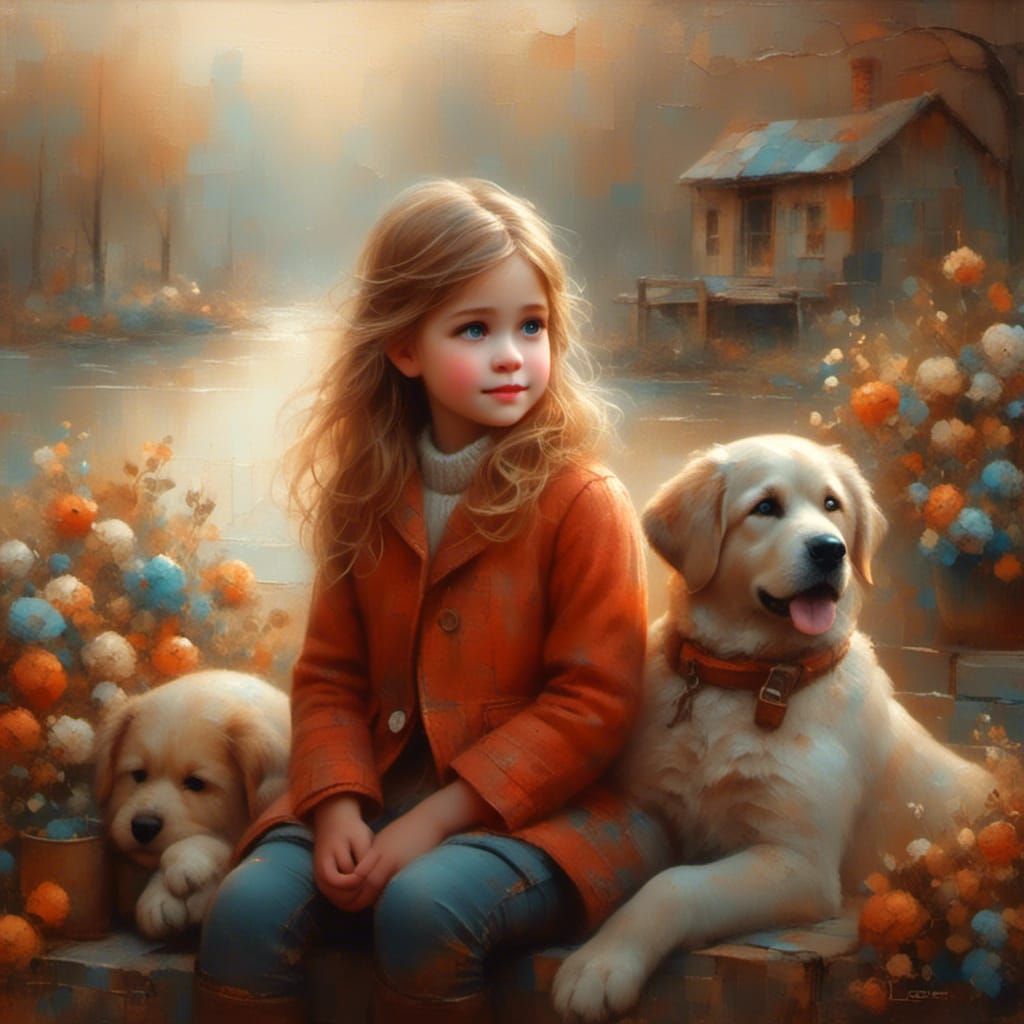 Girl and Dog in Vintage Children Photography Style