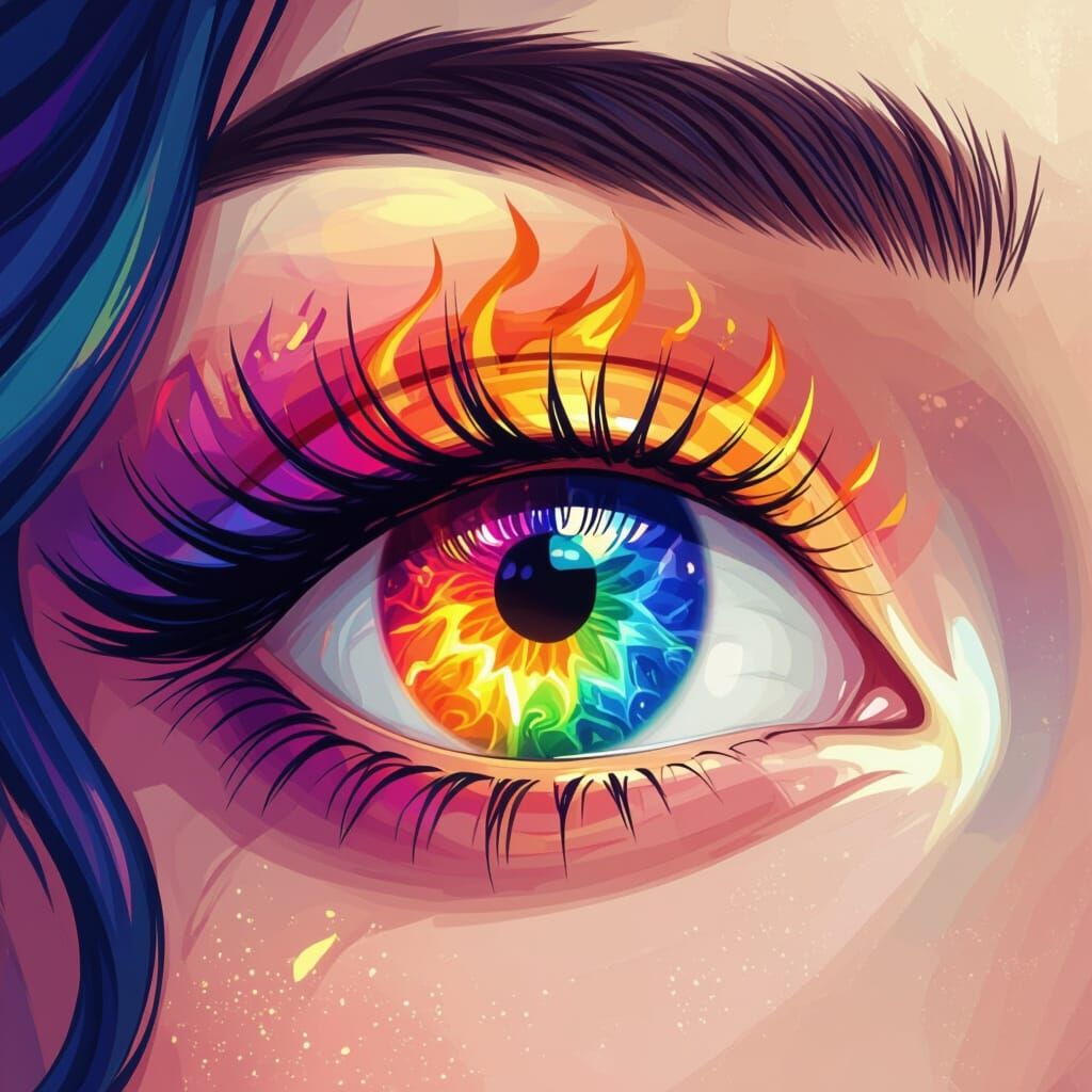 Rainbow Flames in Woman's Eye, Cartoon Style