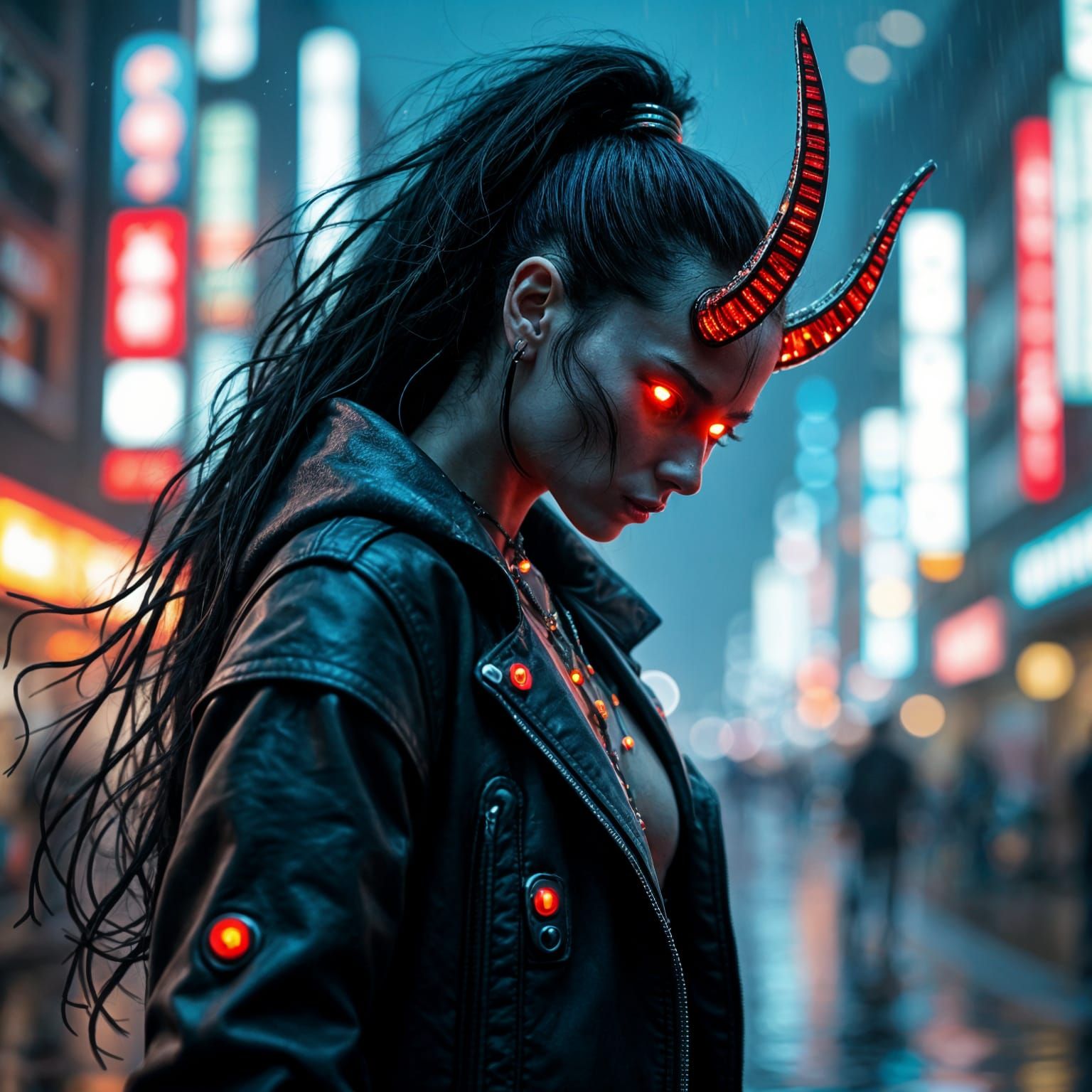 Cyberpunk Oni Demon in Futuristic Japanese City