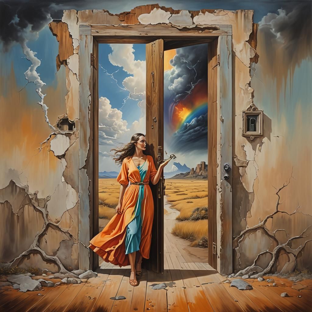Woman at Doorway with Keys in Surrealist Style