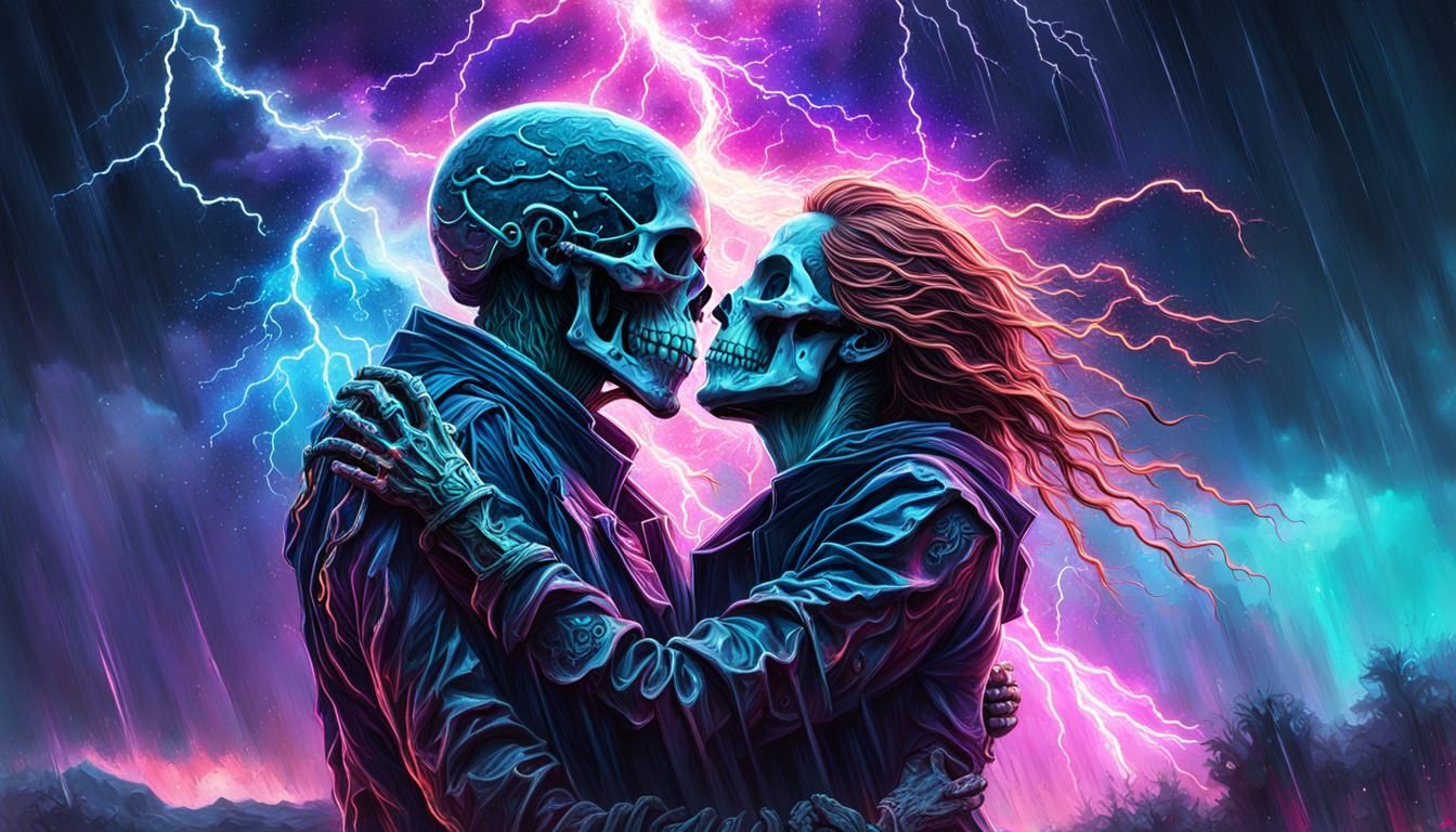 Skeleton Lovers in Space Cemetery with Neon Storm